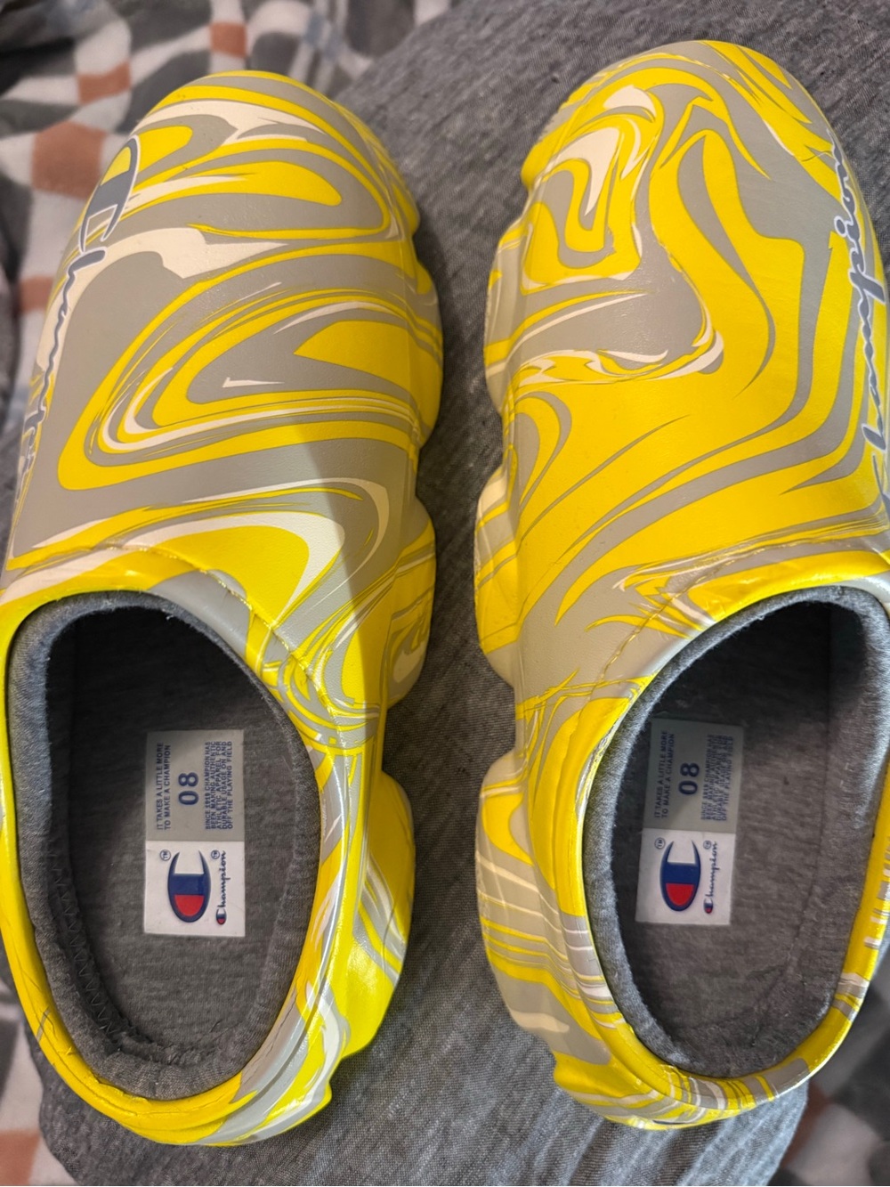 Champion Yellow and Gray Swirl Slip-On Clogs
